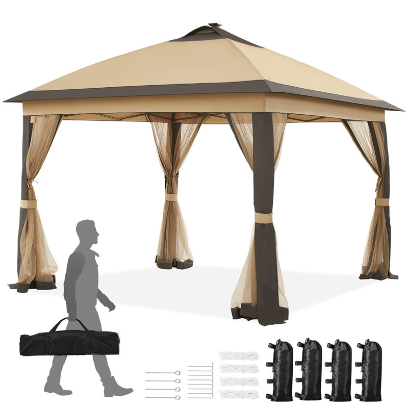 11 Ft. W x 11 Ft. D Iron Patio Gazebo with Solar LED Lights, Black, Brown