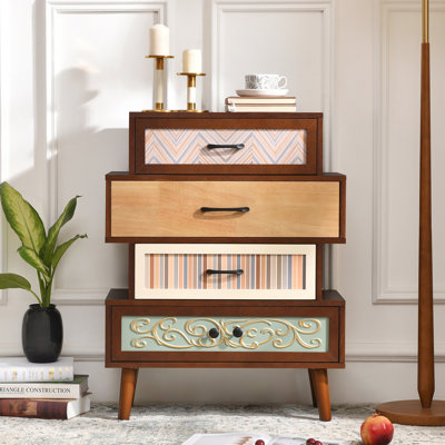 Commode d'appoint en bois rétro à 4 tiroirs avec tiroirs à motifs mixtes Fienley