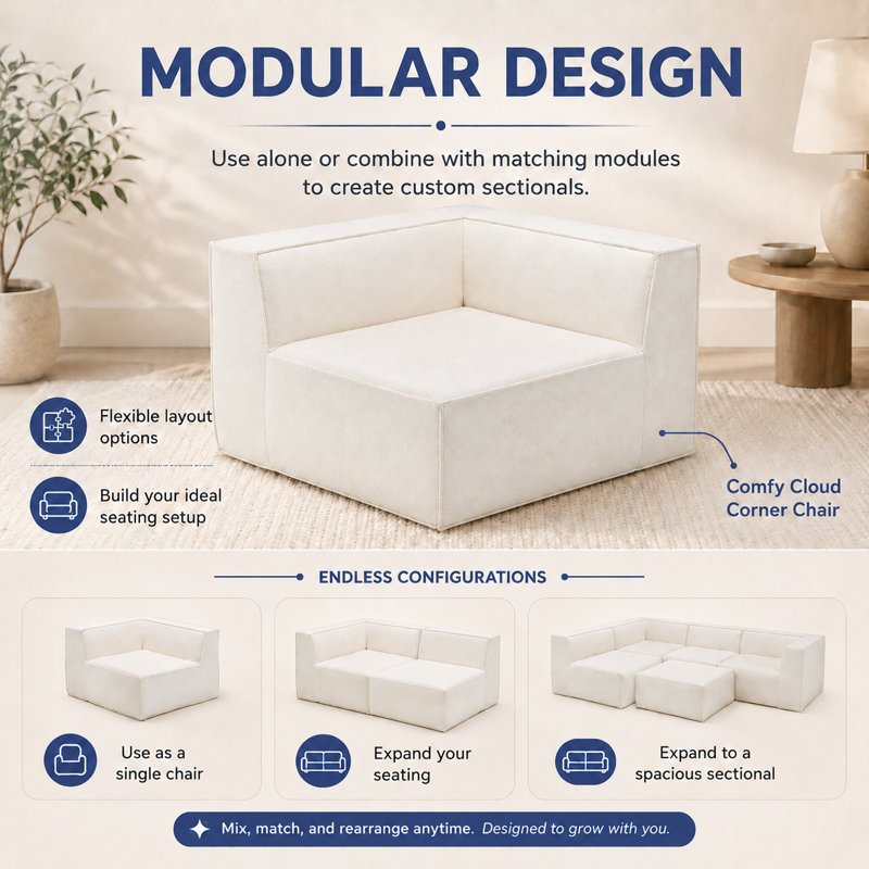 Comfy Cloud 38" Modular Corner Chair, Compression Foam Sofa Module, No Assembly Required, Beige Polyester
