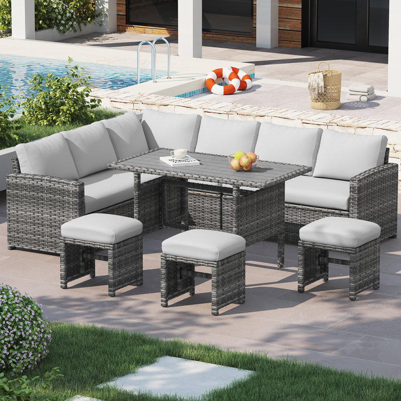 Ensemble de meubles de patio 7 pièces avec foyer 43 po, Light Gray Cushion/Gray Frame