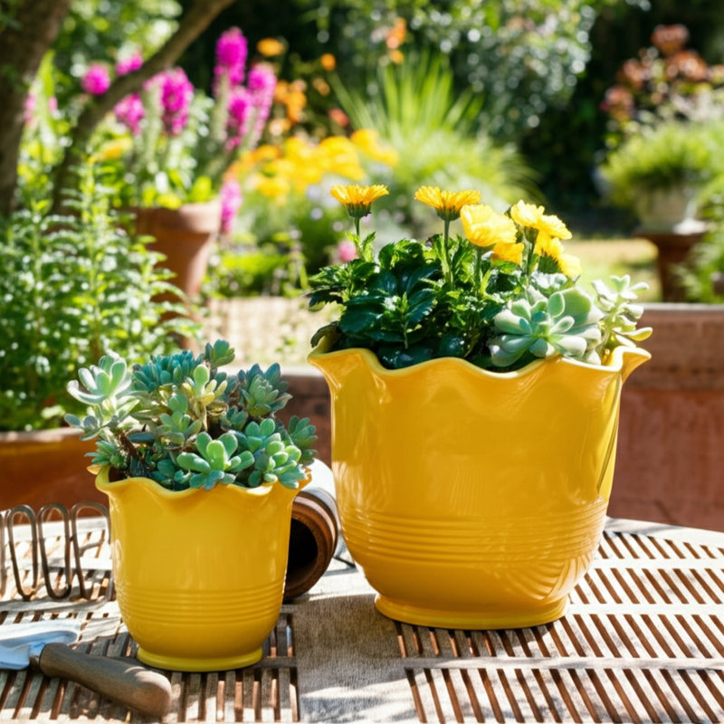 Planter Ceramic Scalloped Rim Ribbed Design Set Of 2, Yellow