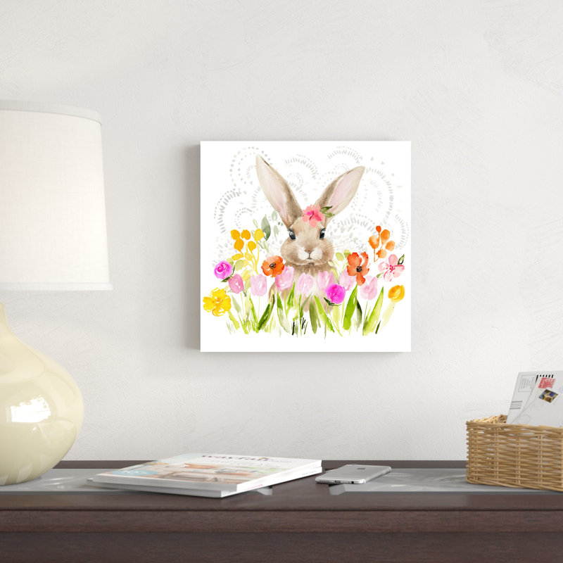 Fleurs d'avril et lapin I, H 12 po x l 12 po