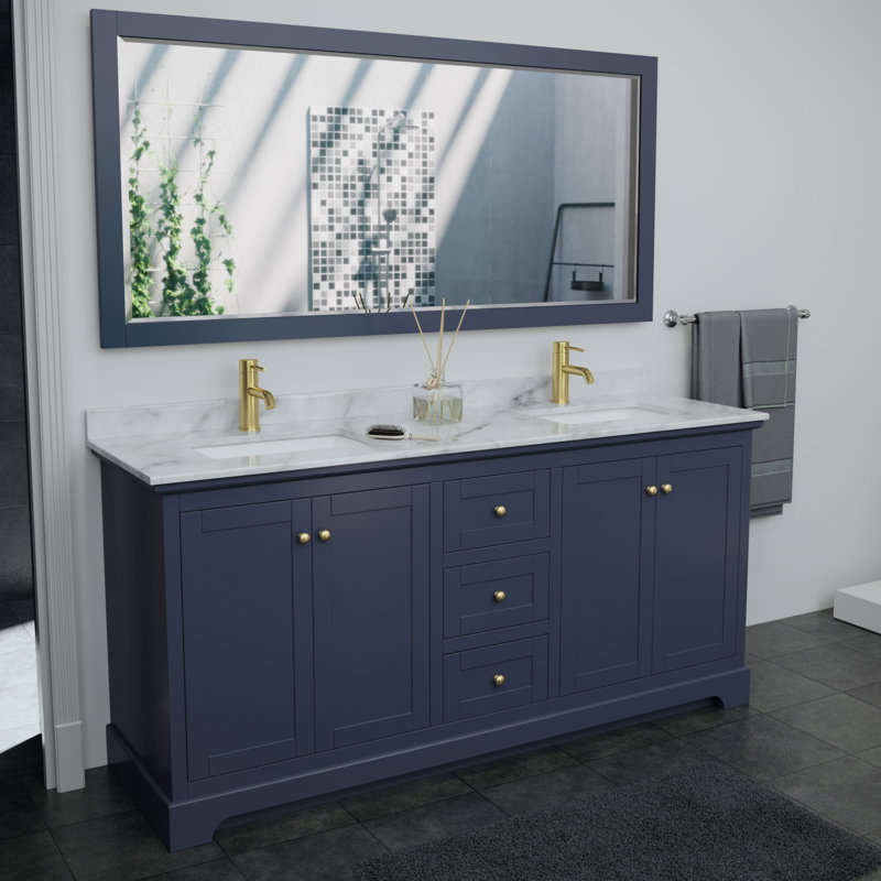 Avery 72" Dark Blue Vanity with White Carrara Marble Top and Mirror