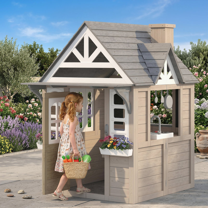Outdoor Playhouse, Wooden Kids Playhouse with Dog Door, Kids Cottage with Cookware, Planter Box, Bell, Blackboard, Clock for Backyard Garden, Indoor Playroom Imaginative Play for Ages 2+, Gray