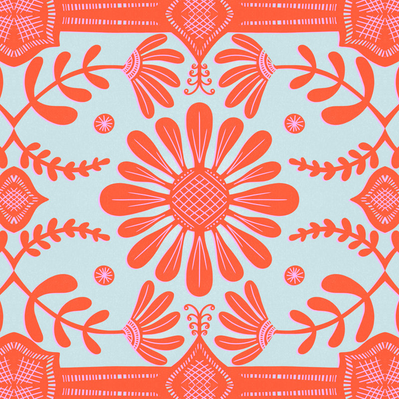 «Boho Florals Red and Icy Blue» par Sarah Constantino - impression sur toile tendue, H 30 po x l 30 po, Encadrement argenté