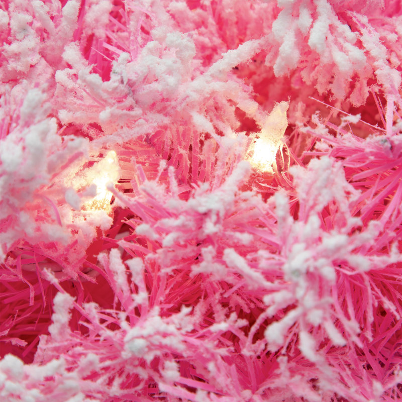 Pre-Lit Flocked Pine Artificial Christmas Wreath - Clear Lights, 36" H x 36" W x 6" D, Pink