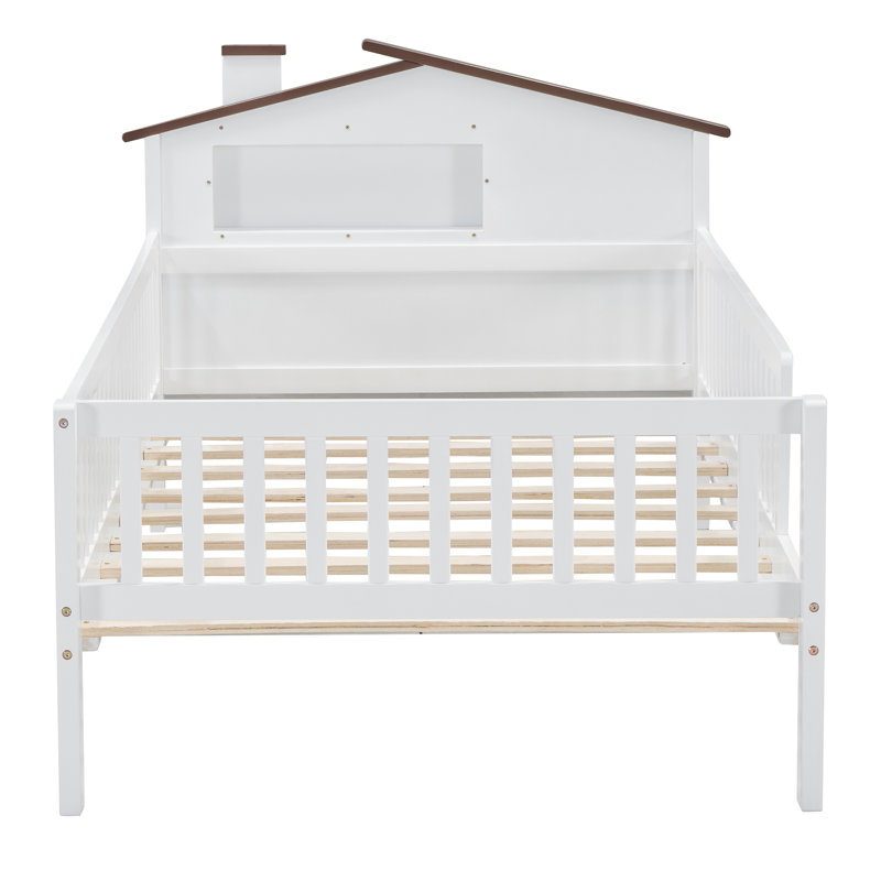 Wood Platform Bed with House-shaped Headboard, LED and Built-in Storage, Twin, White