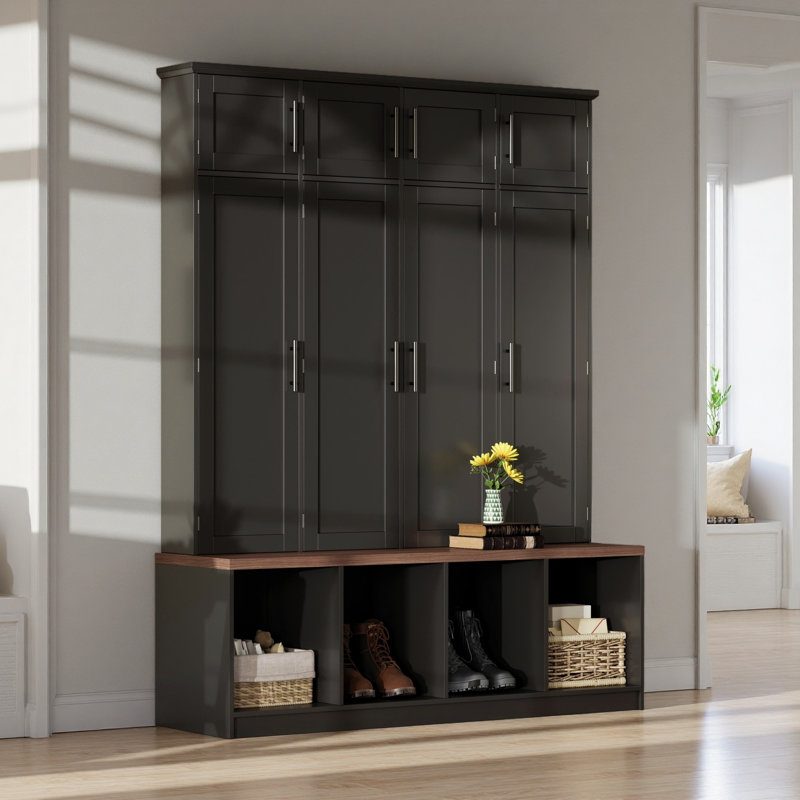 Farmhouse Hall Tree With 4 Hidden Hanging Hooks, Versatile Walnut Seating Bench With 8 Doors, Entryway Shoe Cabinet With Open Compartment For Living Room