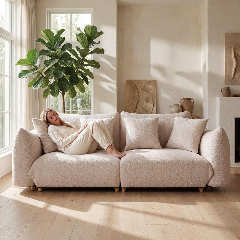 Compressed Sectional Sofa, Oversized 2-Seater Cloud Couch in Boucle Fabric, Modern Living Room Accent Sofa with Pillows (Beige)