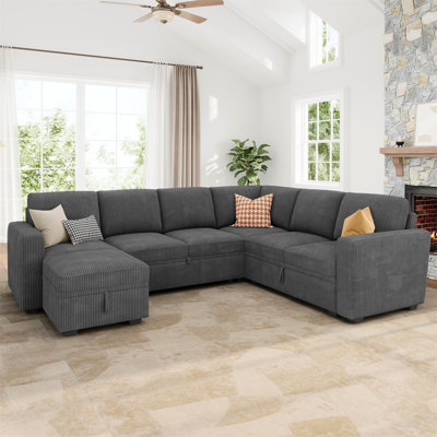 Anureet Latitude Run® Corduroy Sleeper Sectional U Shaped Modular Sofa Bed With Storage Space