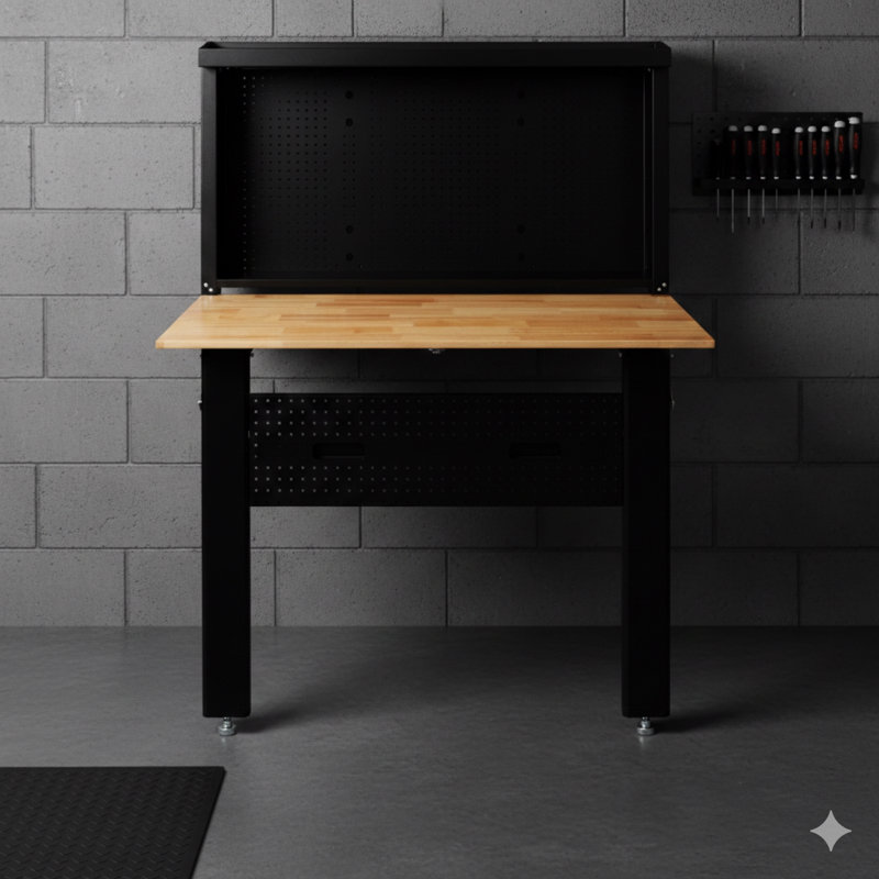 Wall-Mounted Workbench, Space-Saving Foldable Design With Rubberwood Work Surface And Pegboard For Tool Storage