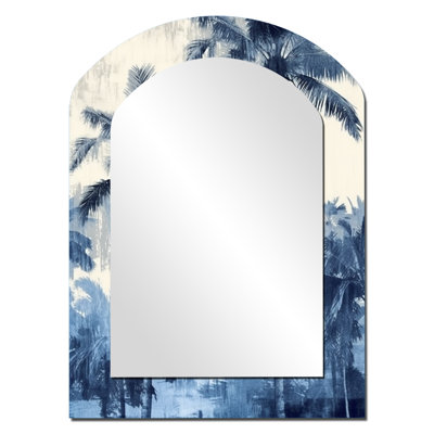 Vintage Blue Palm Trees Shadows II - Beige Asymmetrical Wall Mirror, Traditional Arch Decorative Mirror, Printed Metal Art