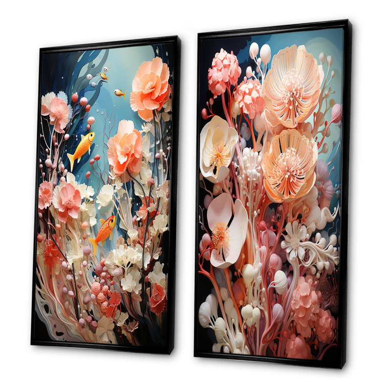 Ensemble de 2 décorations murales marines sous-marines Coral Elegance II - Corail, Cadre noir, H 40 po x l 41 po