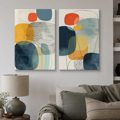 Mid Century Shape "Vibrant Blue & Yellow & Orange Polygon Artwork, Modern Abstract Geometric Wall Pictures, Framed Canvas Giclee Print 2 Pieces Wall Art Set"