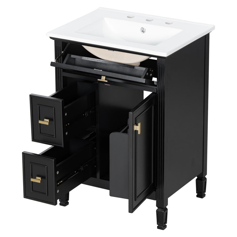 24'' freestanding vanity with a drop-front drawer, two standard drawers, and adjustable shelves, Black, 24"