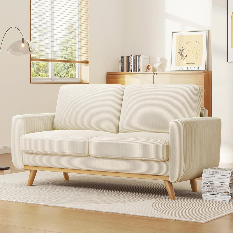 68" Beige Corduroy Loveseat Sofa with Oak Legs
