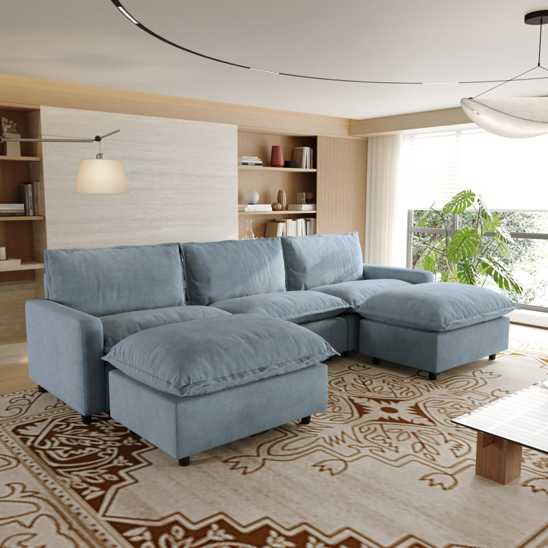 5-Piece Upholstered Modular Linen Fabric Sectional Sofa With Ottoman, Blue Linen, 35.04" H x 116.14" W x 59.44" D