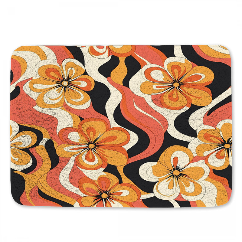 Retro Flowers Bath Mat Vintage Bathroom Decor Mid Century Modern, 24" L x 17" W