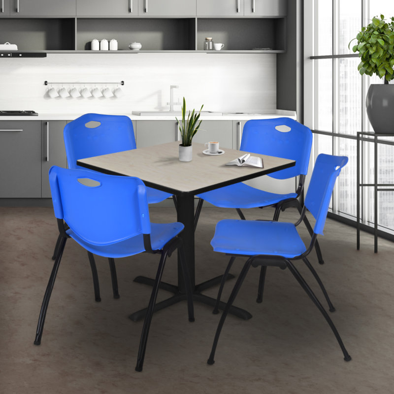 Neyland Cain Square X-Base Breakroom Table & 4 M Stack Chairs, Blue, Maple, 29" H x 48" W 48" D