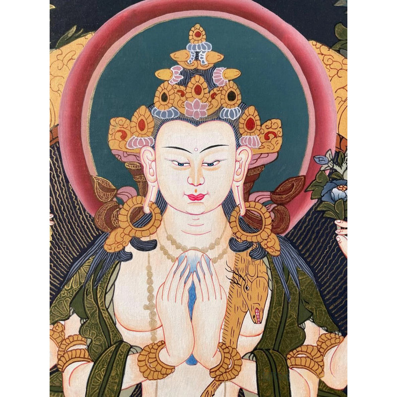 Chengrezig Thangka (Thangka sans brocart) | Or 24 carats, gouache et acrylique sur toile de coton