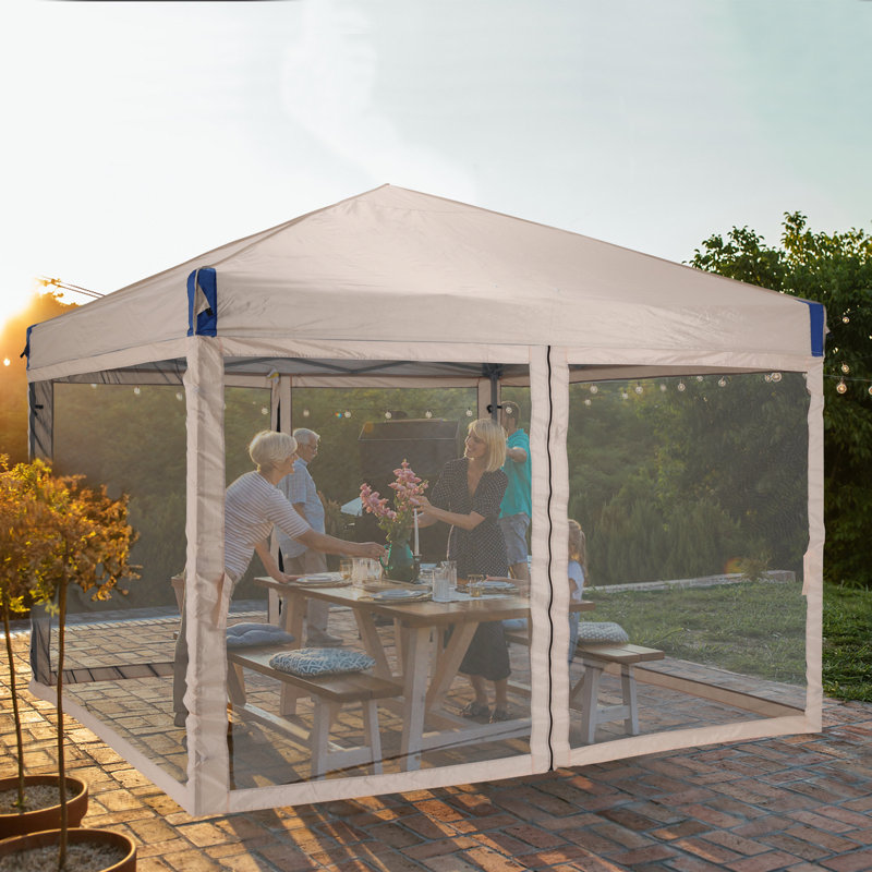 Iron Pop-up Canopy with Removable Mesh Sidewalls and Roller Bag, Beige, 10 Ft. W x 10 Ft. D
