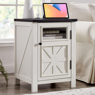 Table de bout Farmhouse avec station de charge, table de chevet en bois avec tablette de rangement réglable