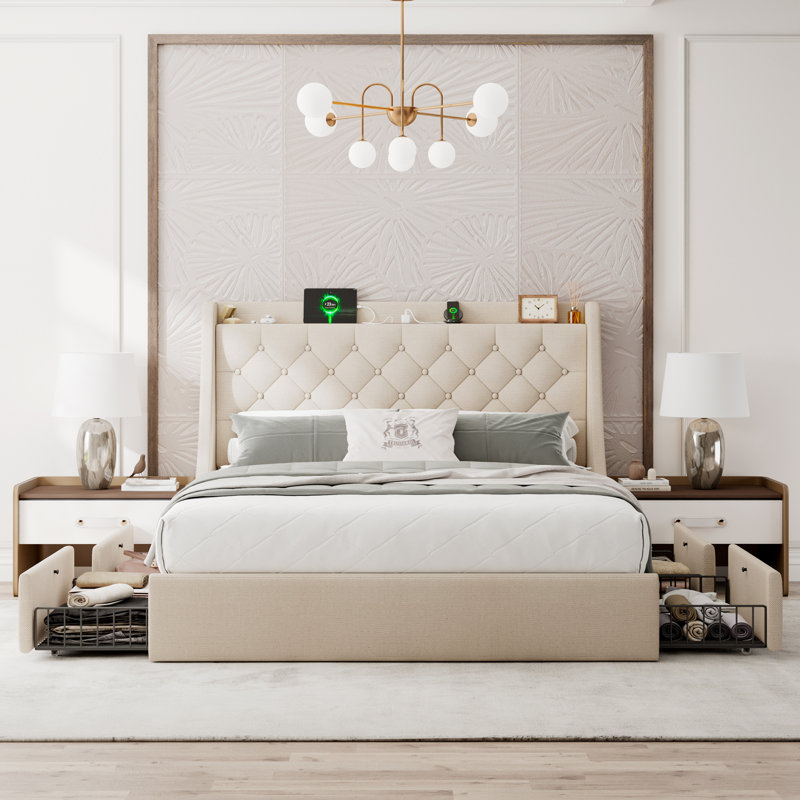 Queen Bed Frame with 4 Storage Drawers, Upholstered Storage Bed with Charging Station, Wingback Storage Headboard, No Box Spring Needed,Beige