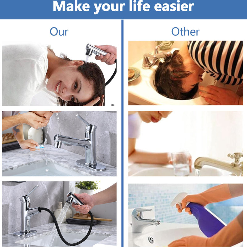 Robinet de lavabo de salle de bain avec poignée escamotable, conception à poignée simple, 3 options de jet, bouchon de vidange et plaque de pont, tête escamotable en acier inoxydable, poignée,