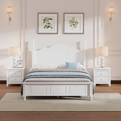 3-Pieces Bedroom Set with Wood Platform Bed and Two Nightstands, Solid Pine Construction, Retro Design, and Ample Storage