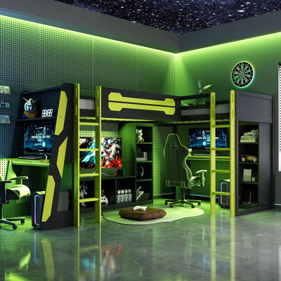 Structure de lit de jeu en L en forme de L avec lumières à DEL RVB, lits doubles, ports USB, meuble télé et tablettes de rangement, disposition réversible, lit mezzanine en bois peu encombrant