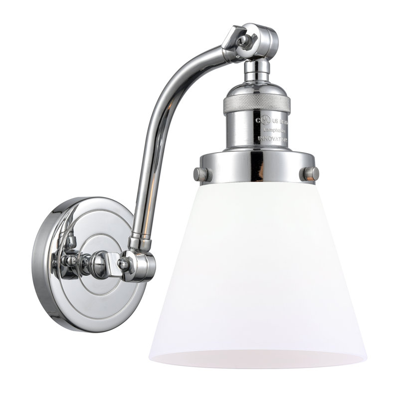 Cone 1 Light Sconce, Matte White Cased, 6 Watt Vinage LED Bulb, Polished Chrome