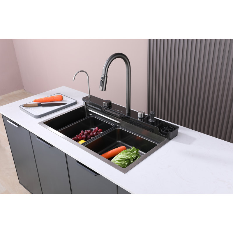 Bol simple 29,5 x 18 pouces avec deux lavabos multifonction cascade, affichage numérique intelligent, avec robinet escamotable à 3 modes combinés, acier inoxydable 304, accessoires inclus