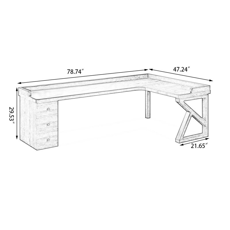 Bureau en bois massif brun en forme de L avec 3 tiroirs, H 29,53 po x l 78,74 po x P 47,24 po, Retour à droite