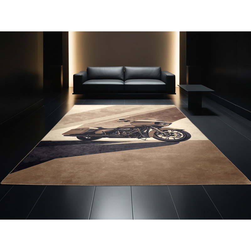 Machine Washable Vehicles And Transportation Touring Motorcycle Modern & Contemporary Rug in Beige – Beige Binding, 2x3