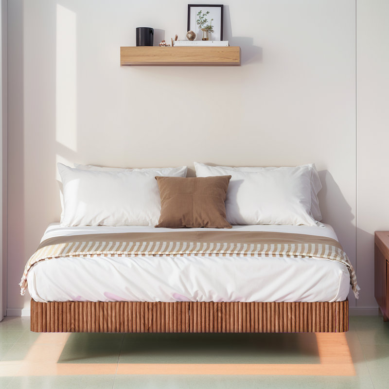 Floating Bed Frame With LED Lights, Metal Bed Frame,  Underbed Storage, No Box Spring Needed, Walnut, Queen