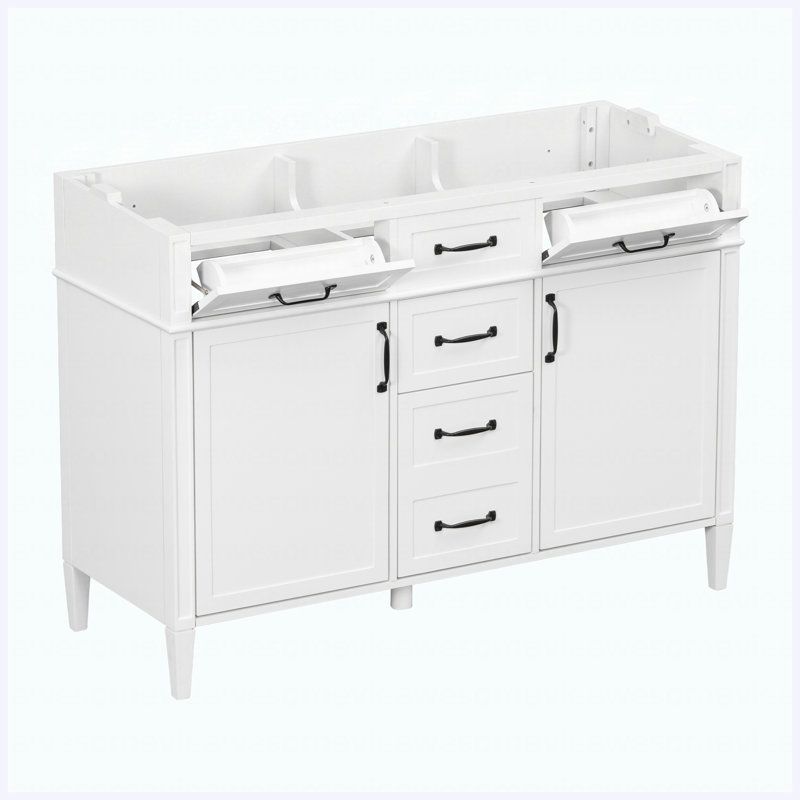 Base de meuble-lavabo autoportant 48 po 48 po, 4 tiroirs et 2 portes avec tablettes réglables, poignées en métal noir, blanc, panneau de fibres à densité moyenne