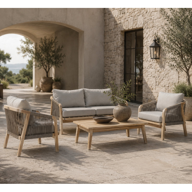 Ensemble de conversation pour patio en bois d'acacia avec corde et coussins Naila, Gris
