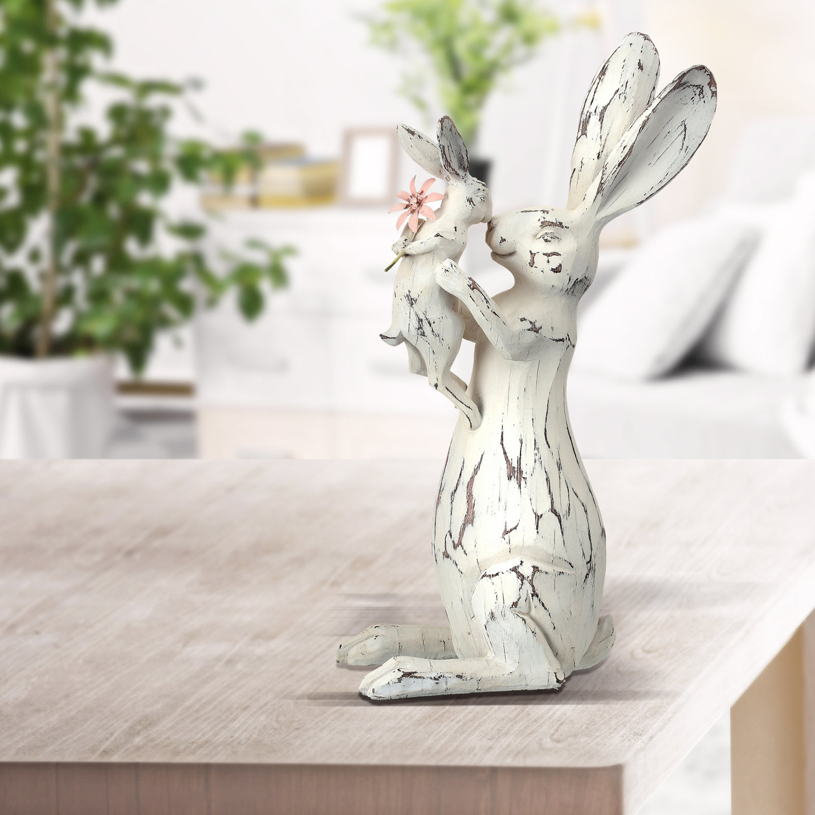 Carved Bunny Kissing Baby Figurine