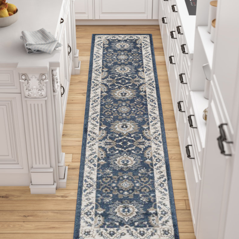 Tapis oriental bleu foncé / gris Arthur, Tapis de couloir 2 pi x 10 pi