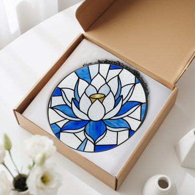 12"H Blue Lotus Stained Glass Window Panel