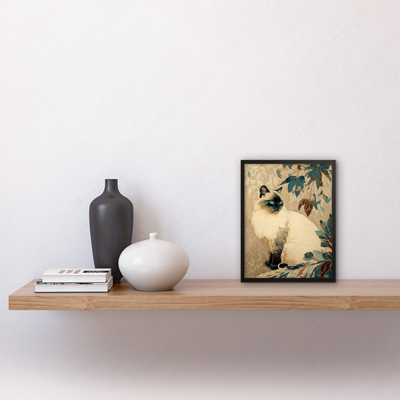 Blue Point Ragdoll Cat and Plant Pattern Nouveau Modern 1 Piece Single Picture Frame Wall Art