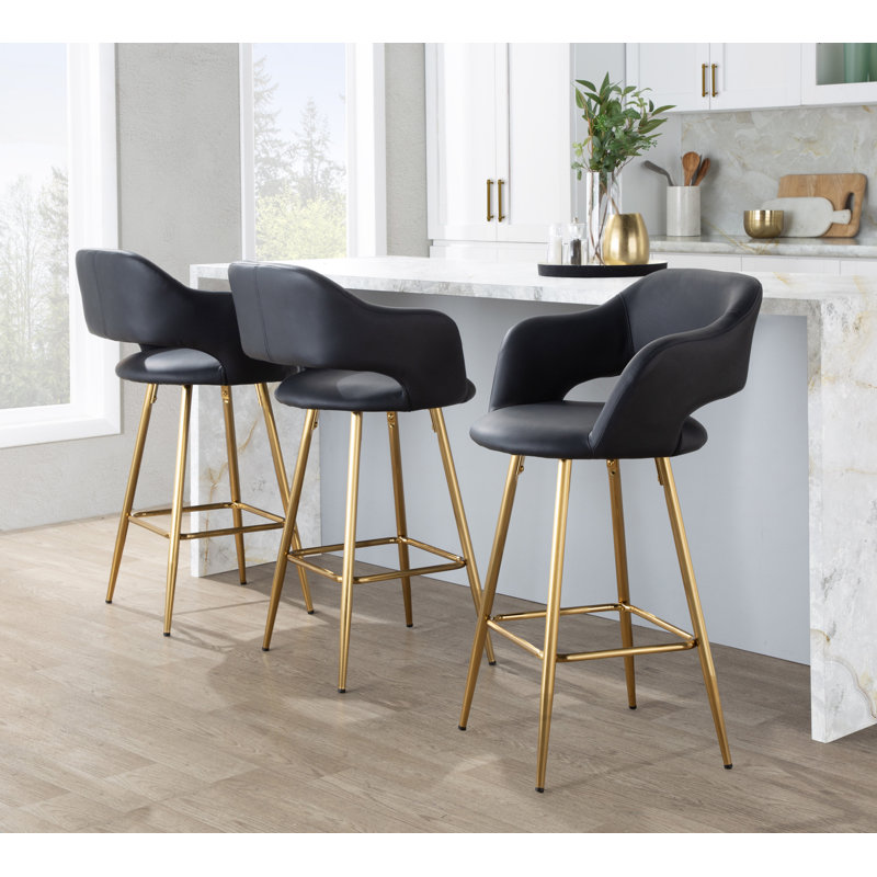 Tabouret de bar à hauteur fixe 26 "avec pieds en métal et repose-pieds carré Lake, Similicuir noir / cadre doré