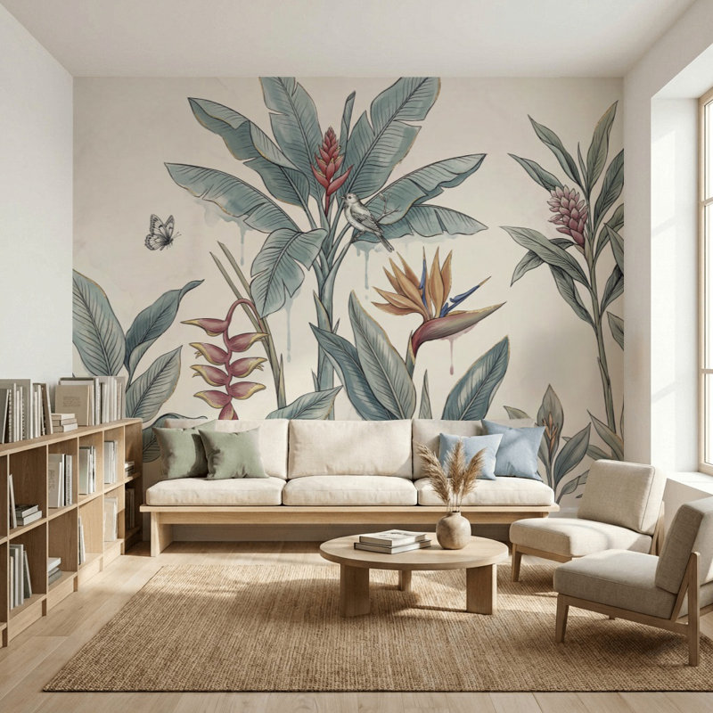 Papier peint botanique tropical avec aquarelle et feuilles de bananier, 120 po x 96 po, Peler et coller