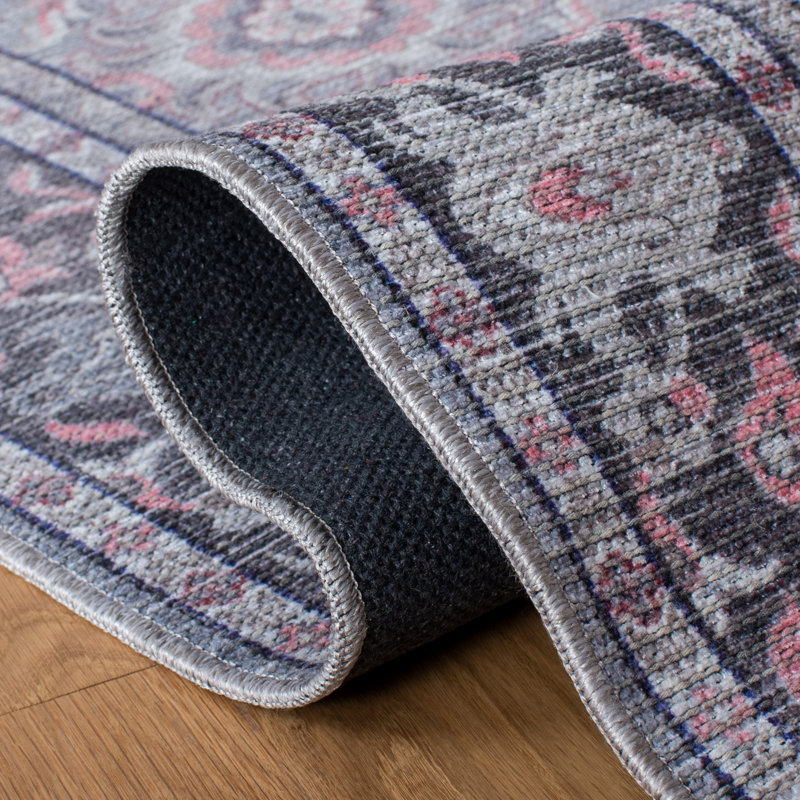 Serapi Grey and Pink Viscose Chenille 4' x 6' Washable Rug