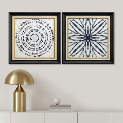 Motif géométrique abstrait aquarelle bleu - ensemble de 2 peintures sur toile encadrées