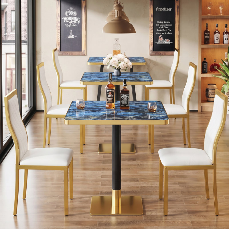 Ensemble de 2 tables de salle à manger carrées modernes, Blue / Black,Gold