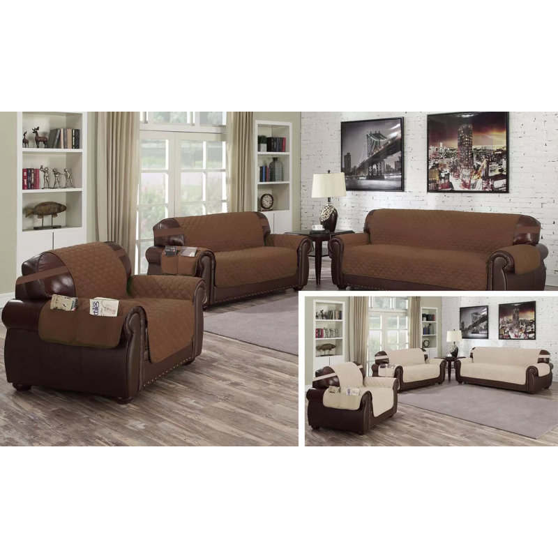 Housse pour canapé à coussins carrés/rectangulaires réversible, Chocolat / Naturel, H 75 po x l 114 po x P 23 po
