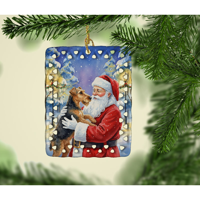 Ornement en porcelaine Airedale Terrier avec père Noël, Terrier brun