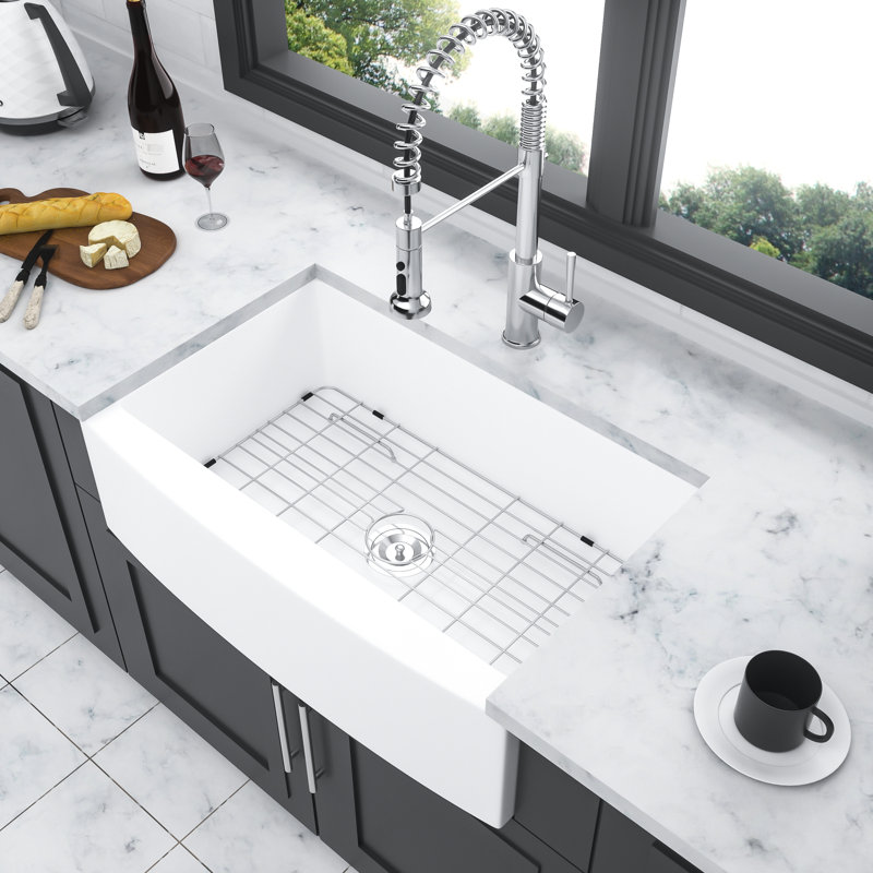 White Kitchen Sink 33 Inch In Ceramic, Arch Edge Apron Front For Kitchen, Damage - Proof, With Accessories Fashionable To Wear,
