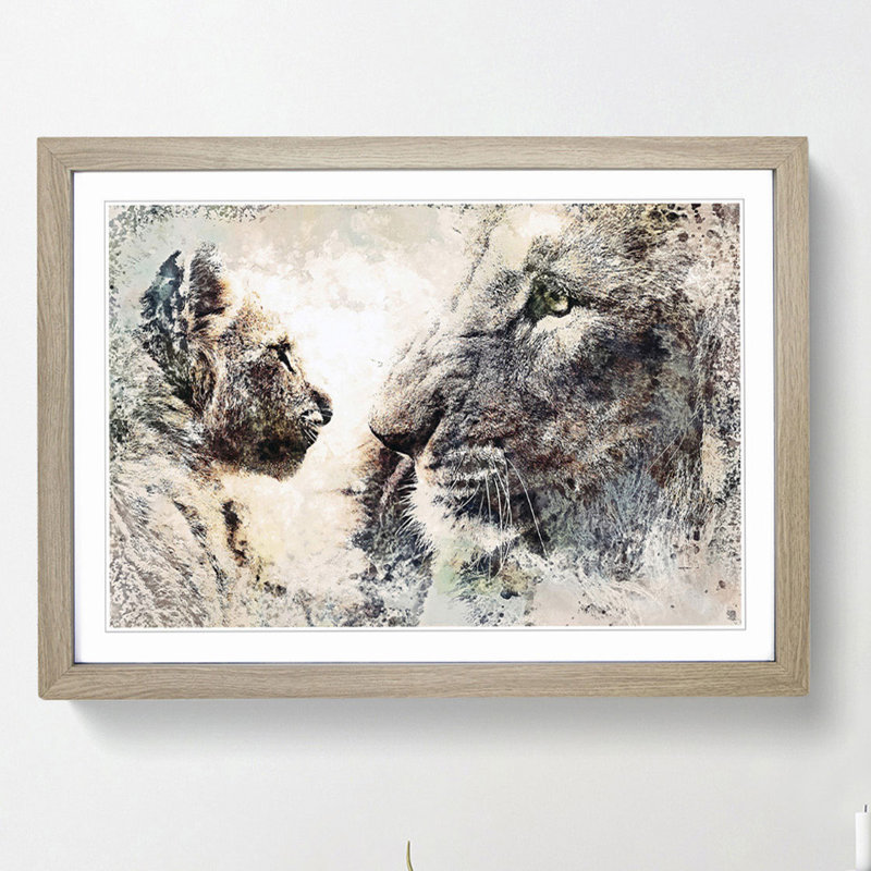 Lion Cub with Its Mother in Abstract - Picture Frame Painting Print, 27cm H x 36cm W x 2cm D, Oak Framed